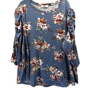 Moa Moa Women‎ Top 3X Plus Blue Floral Long Ruched Puff Sleeves Pullover Brushed